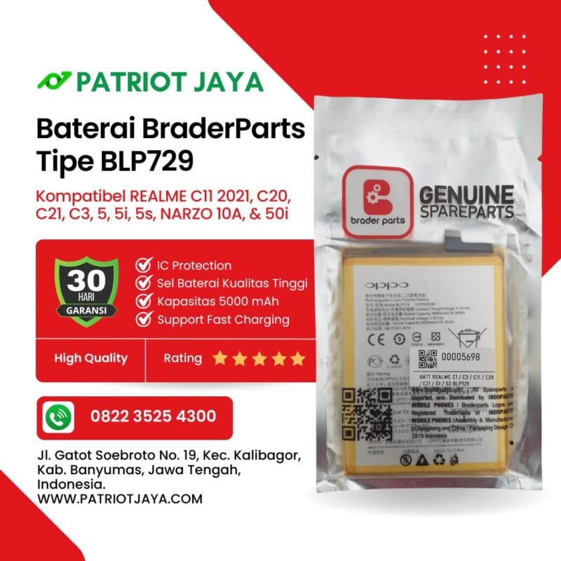 Baterai BLP729 REALME C11 2021 C20 C21 C3 5 5I 5S NARZO 10A 50i Original BraderParts