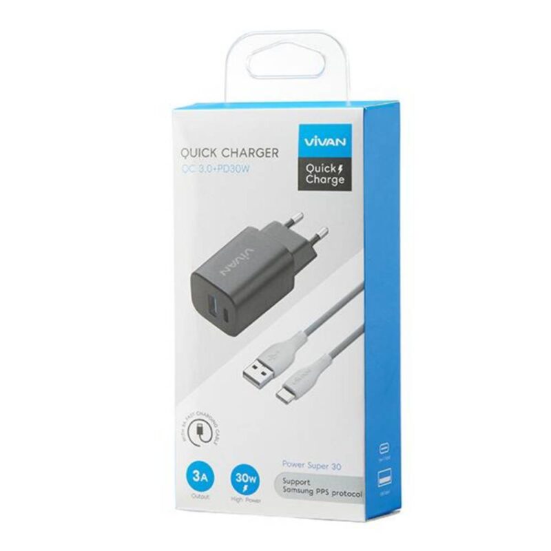 Charger Vivan Power Super30 30W Dual Port USB-A & Type-C Kemasan Box